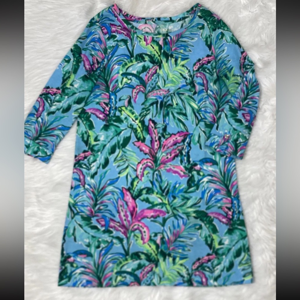 Lilly Pulitzer Linen in Porto Blue In The Trees Pima Cotton T-shirt Dress Sz L